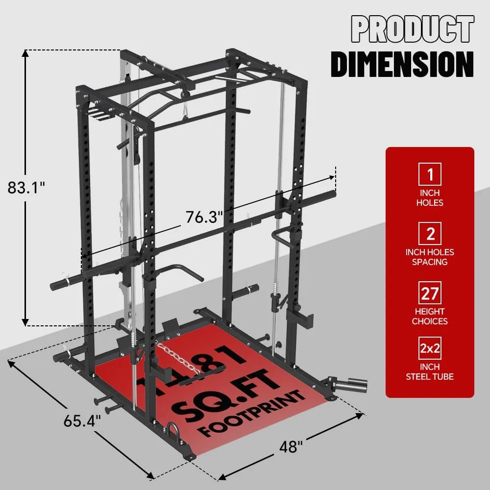 FAGUS Power Cage, Multi-Function Power Rack with LAT Pulldown, Seated Row, Cable Pulley System, J-Hooks, Dip Handles, Landmine, Squat Rack with Optional Cable Corssover, Smithe Attachment for Home Gym