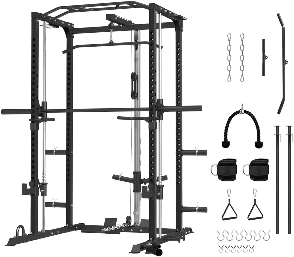 FAGUS Power Cage, Multi-Function Power Rack with LAT Pulldown, Seated Row, Cable Pulley System, J-Hooks, Dip Handles, Landmine, Squat Rack with Optional Cable Corssover, Smithe Attachment for Home Gym