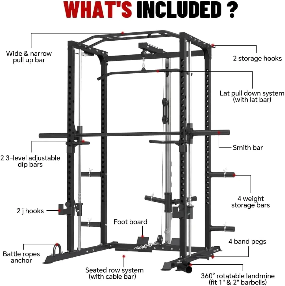 FAGUS Power Cage, Multi-Function Power Rack with LAT Pulldown, Seated Row, Cable Pulley System, J-Hooks, Dip Handles, Landmine, Squat Rack with Optional Cable Corssover, Smithe Attachment for Home Gym