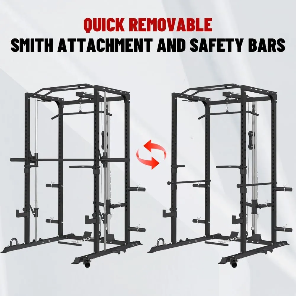 FAGUS Power Cage, Multi-Function Power Rack with LAT Pulldown, Seated Row, Cable Pulley System, J-Hooks, Dip Handles, Landmine, Squat Rack with Optional Cable Corssover, Smithe Attachment for Home Gym