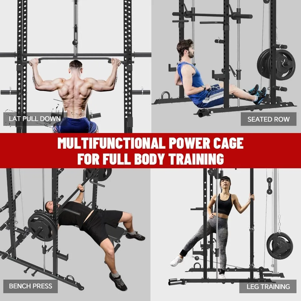 FAGUS Power Cage, Multi-Function Power Rack with LAT Pulldown, Seated Row, Cable Pulley System, J-Hooks, Dip Handles, Landmine, Squat Rack with Optional Cable Corssover, Smithe Attachment for Home Gym