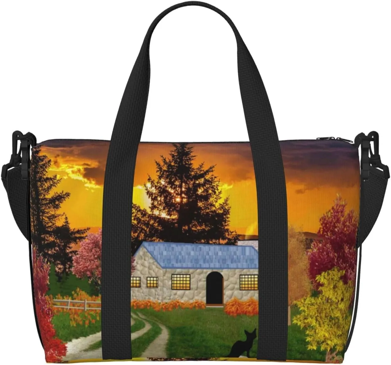 Fall Village Scenery Travel Bag for Women Men Weekender Bags Carry on Overnight Bag Tote Bag Yoga Gym Bag for Gym, Work, Travel, Weekend, Personal Items