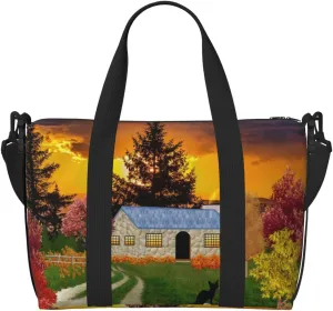 Fall Village Scenery Travel Bag for Women Men Weekender Bags Carry on Overnight Bag Tote Bag Yoga Gym Bag for Gym, Work, Travel, Weekend, Personal Items