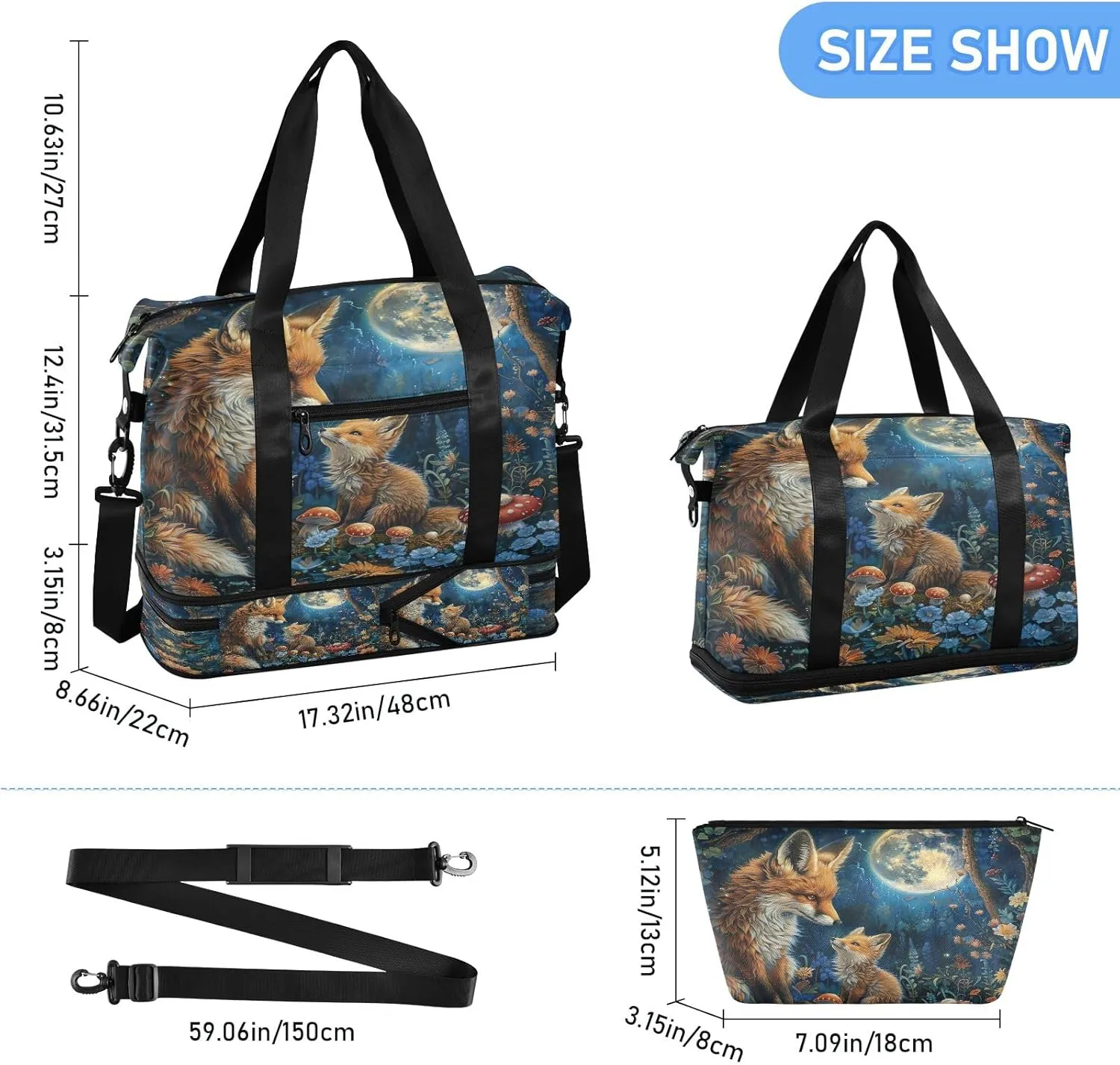 Fantasy Night and Fox Mommy Bags Waterproof Mens Weekender Travel Bag with Shoes Compartment