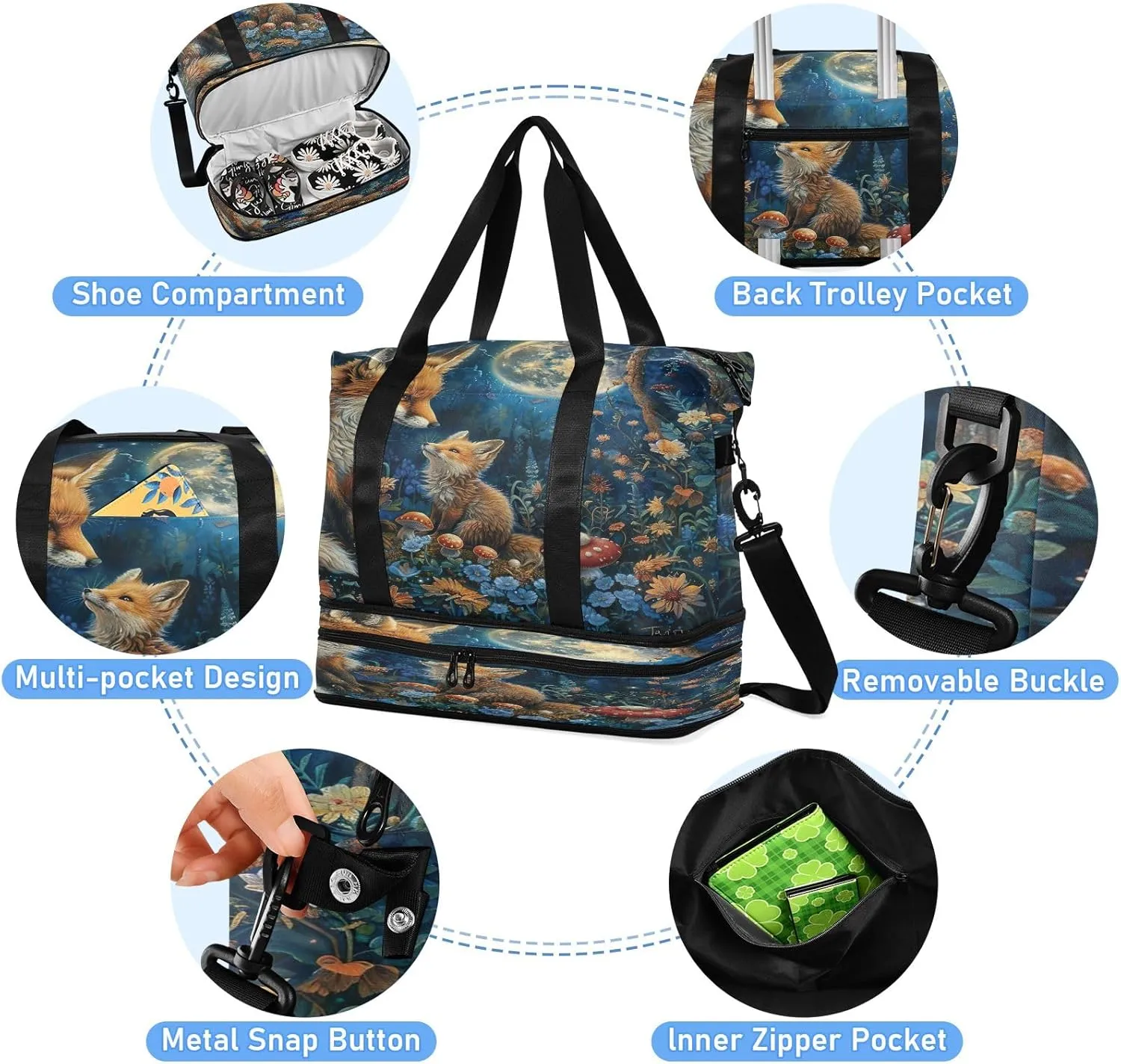 Fantasy Night and Fox Mommy Bags Waterproof Mens Weekender Travel Bag with Shoes Compartment