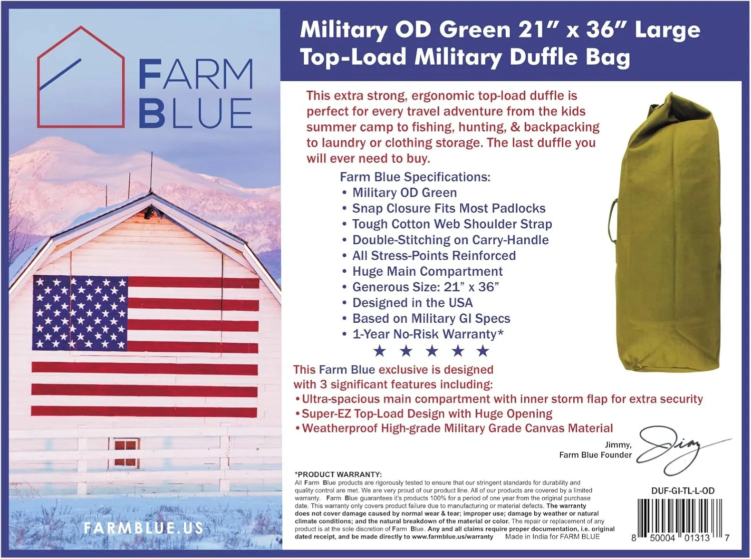 Farm Blue Top Load Duffle Bag - Large Military OD Duffel Bags - Heavy Duty Army Grade Cotton Canvas Duffle bags For Men, Women & Kids - L Front Loading Tactical Gear Sack - 21" x 36" - Olive Drab