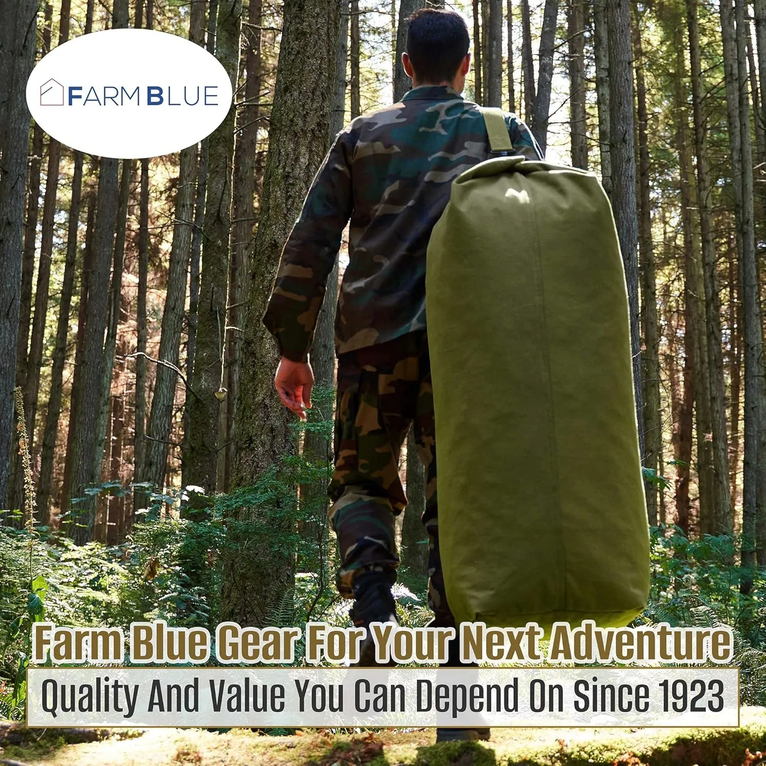 Farm Blue Top Load Duffle Bag - Large Military OD Duffel Bags - Heavy Duty Army Grade Cotton Canvas Duffle bags For Men, Women & Kids - L Front Loading Tactical Gear Sack - 21" x 36" - Olive Drab