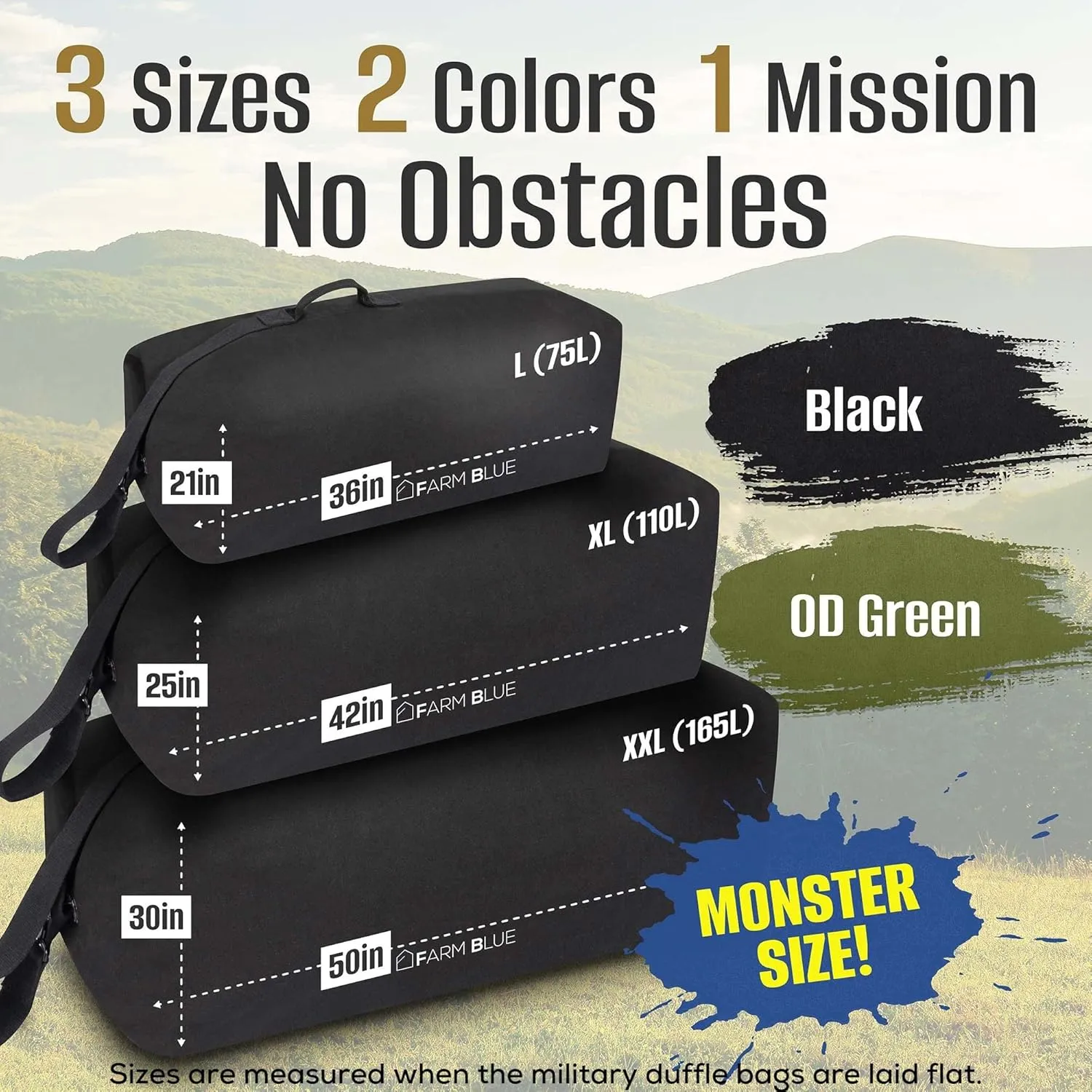 Farm Blue Top Load Duffle Bag - Large Military OD Duffel Bags - Heavy Duty Army Grade Cotton Canvas Duffle bags For Men, Women & Kids - L Front Loading Tactical Gear Sack - 21" x 36" - Olive Drab
