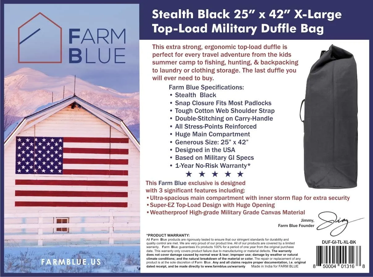 Farm Blue Top Load Duffle Bag - XL Non-Zipper Military Duffel Bags - Heavy Duty Army Grade Cotton Canvas Duffle Bags For Men Women & Students - XL Front Loading Tactical Gear Sack – 25” x 42” - Black