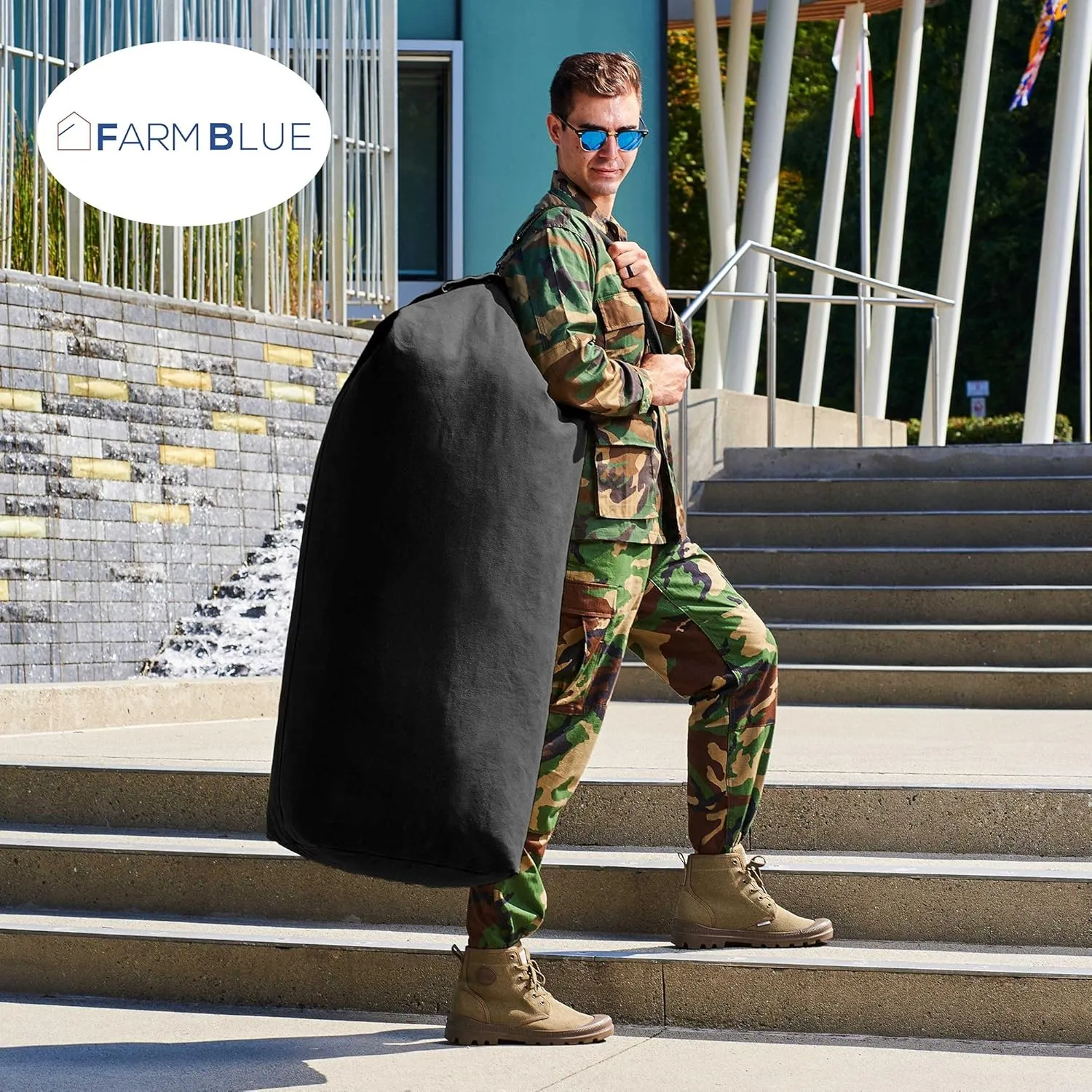 Farm Blue Top Load Duffle Bag - XL Non-Zipper Military Duffel Bags - Heavy Duty Army Grade Cotton Canvas Duffle Bags For Men Women & Students - XL Front Loading Tactical Gear Sack – 25” x 42” - Black