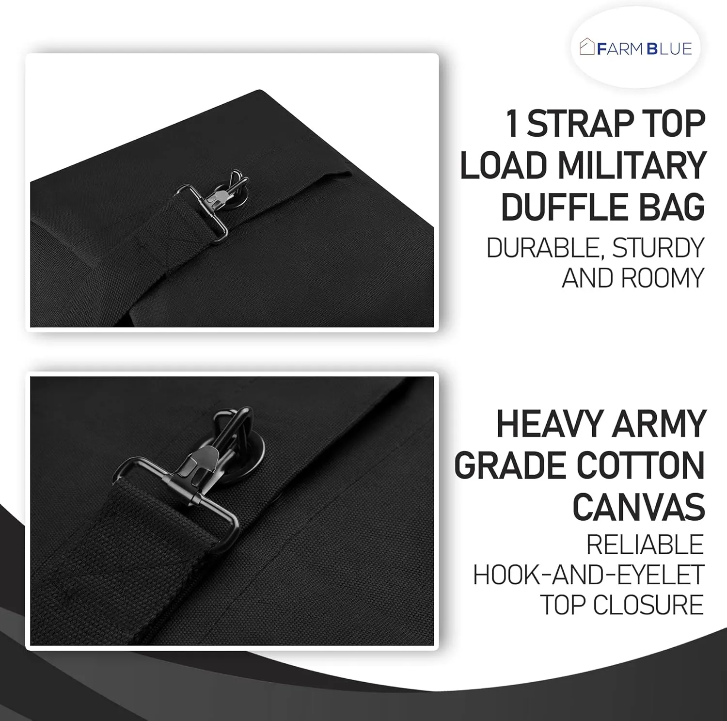 Farm Blue Top Load Duffle Bag - XL Non-Zipper Military Duffel Bags - Heavy Duty Army Grade Cotton Canvas Duffle Bags For Men Women & Students - XL Front Loading Tactical Gear Sack – 25” x 42” - Black