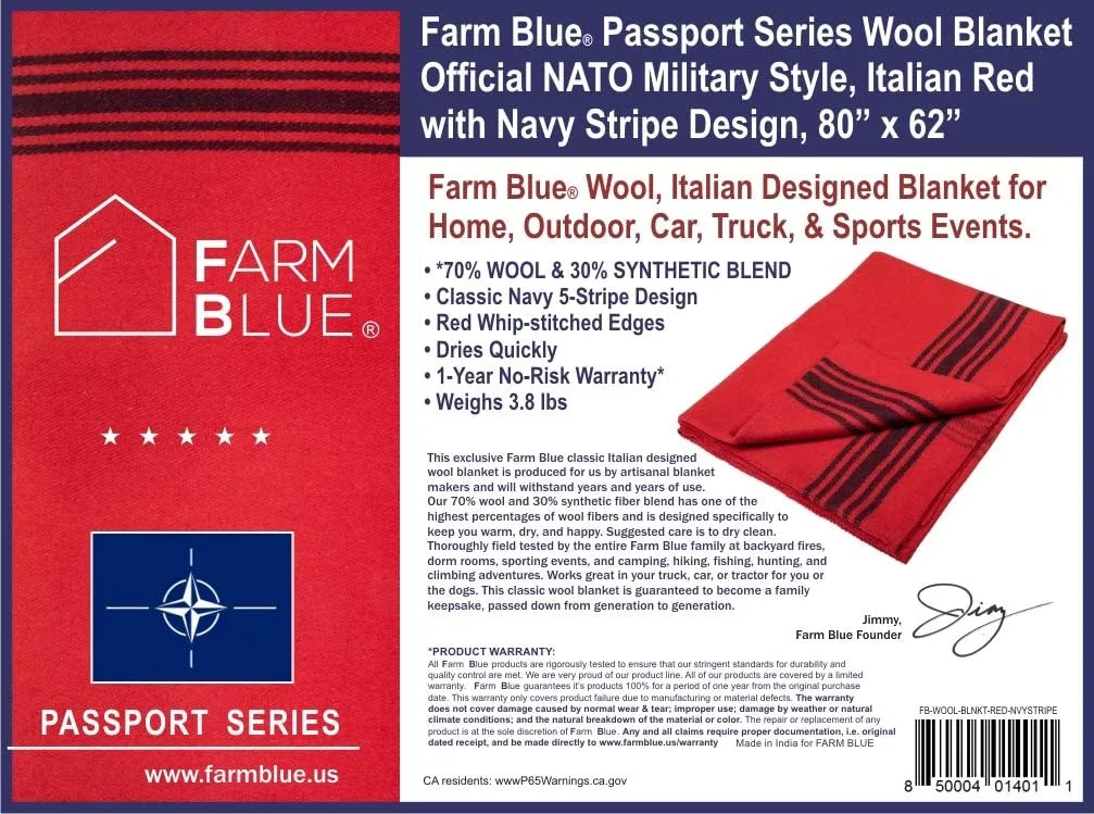 Farm Blue Wool Blanket Military Style - Thick & Lightweight Army Camping Blankets 80" x 62" - Large Camp Survival Blankets for Car, Hiking, Backpacking & Outdoor Festivals (Red with Navy Stripes)