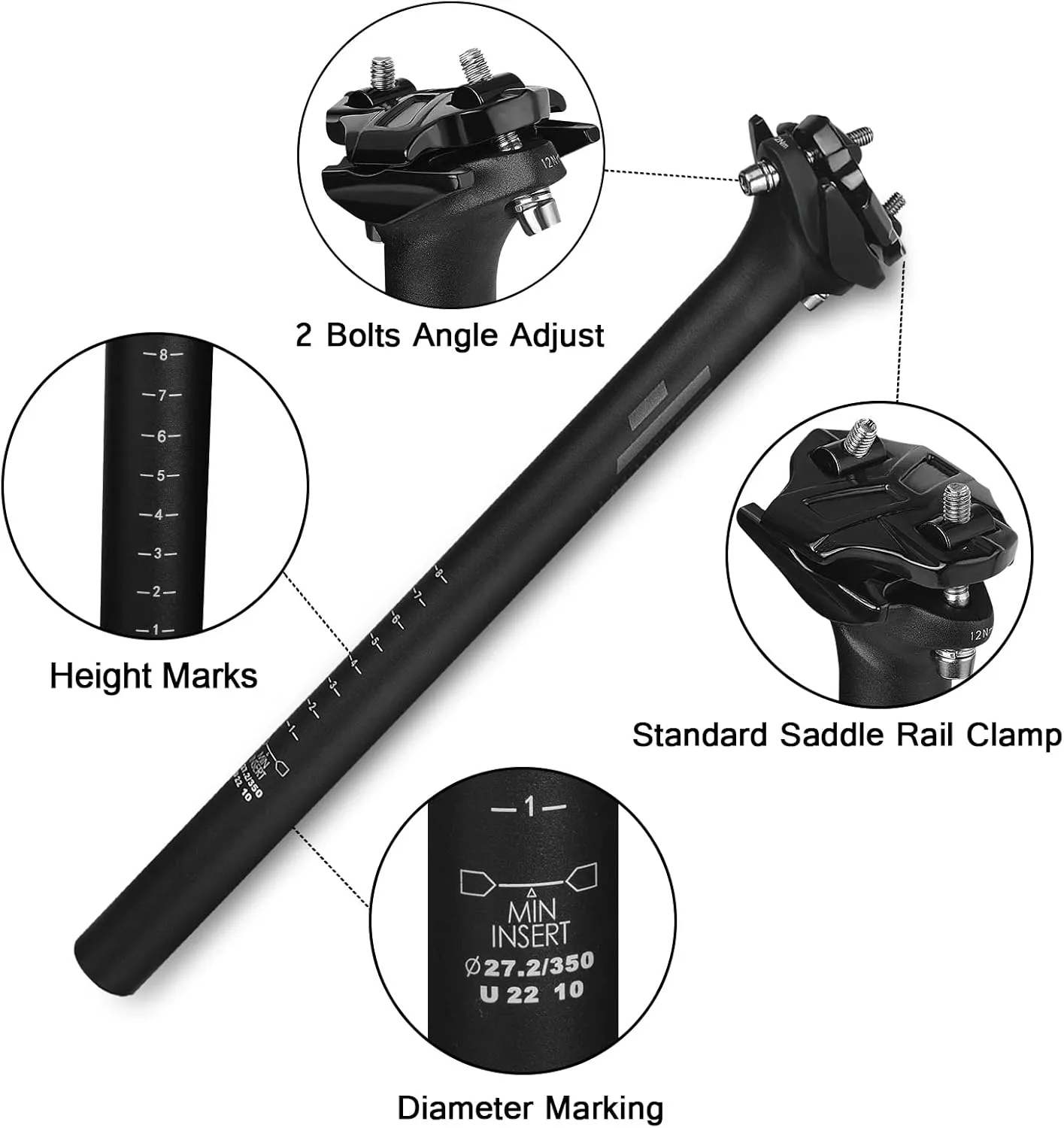FIFTY-FIFTY Mountain Bike Seat Post, 27.2/30.9/31.6mm Aluminum Alloy Bicycle Seat Post, 350mm Length for MTB, Road Bike, E-MTB