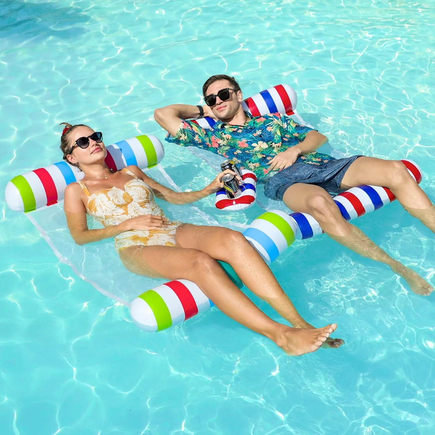 FindUWill 2 Pack Pool Floats with Drink Holder, XL, Inflatable Water Hammock Floaties Multi Purpose 4-in-1 (Saddle, Lounge Chair, Hammock, Drifter), Pool Float Lounger for Adults
