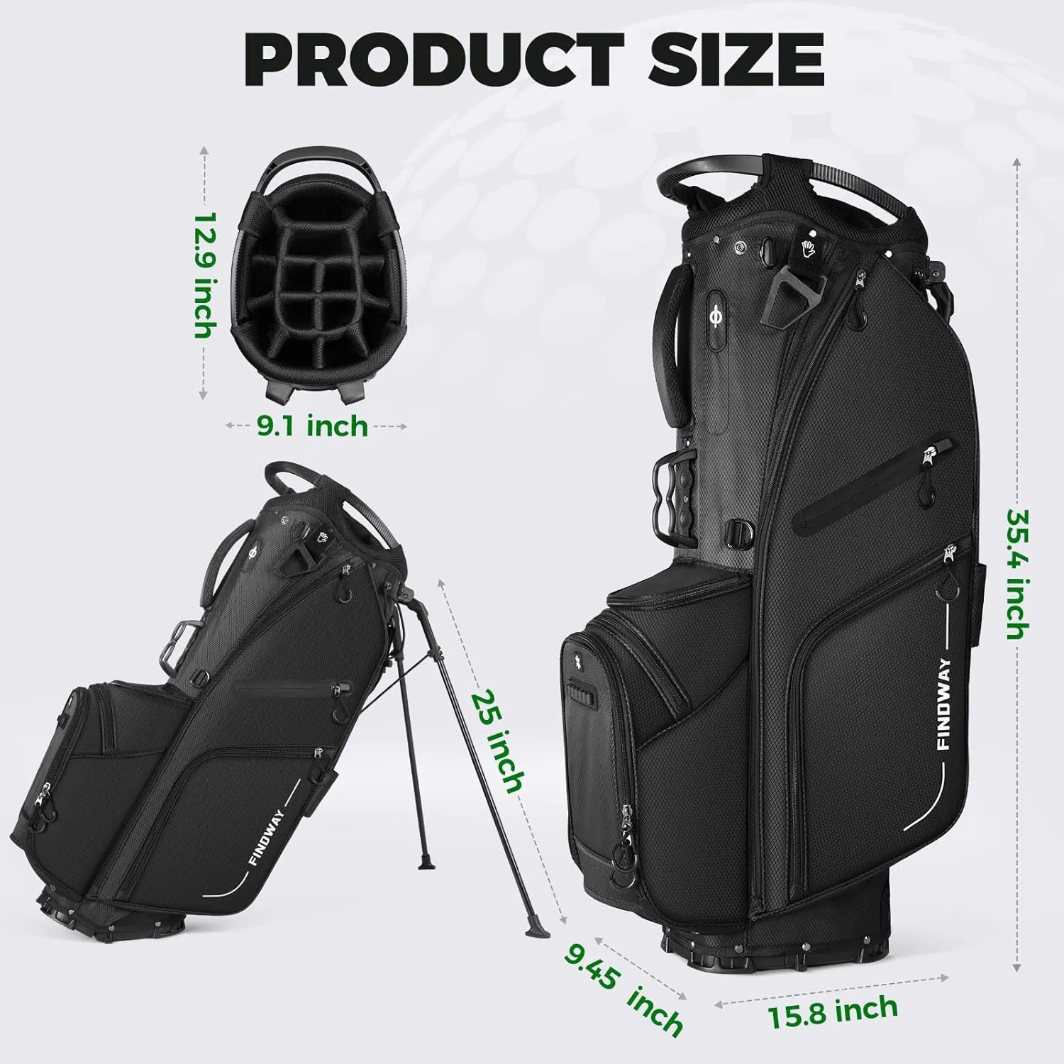 Findway 14 Way Golf Stand Bag, Lightweight Golf Bag with Stand for Men Women, Golf Club Carry Bag with Dual Strap, Full Length Dividers, Multiple Pockets, Golf Ball Holder
