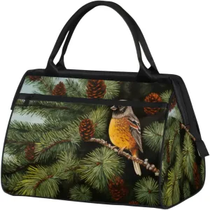 Fir Tree Bird Pine Cone Gym Bag for Women Men, Travel Sports Duffel Bag with Trolley Sleeve, Waterproof Sports Gym Bag Weekender Overnight Bag Carry On Tote Bag for Travel Gym Sport
