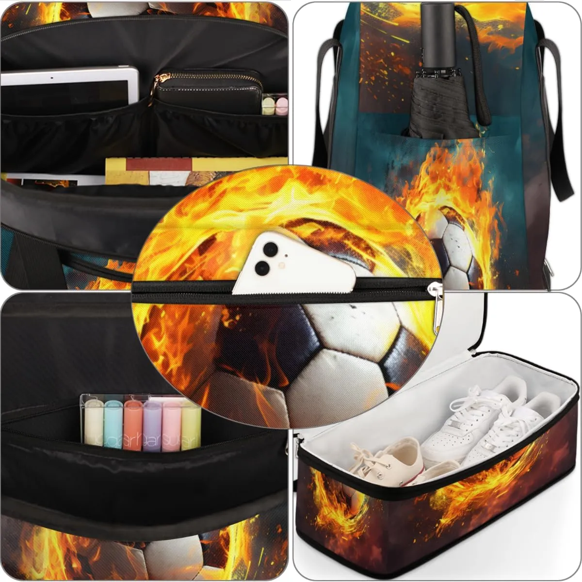 Fire Football Soccer Foldable Duffle Bag with Shoes Compartment Large Capacity Waterproof Travel Weekender Bag Overnight Bag for Sports Gym