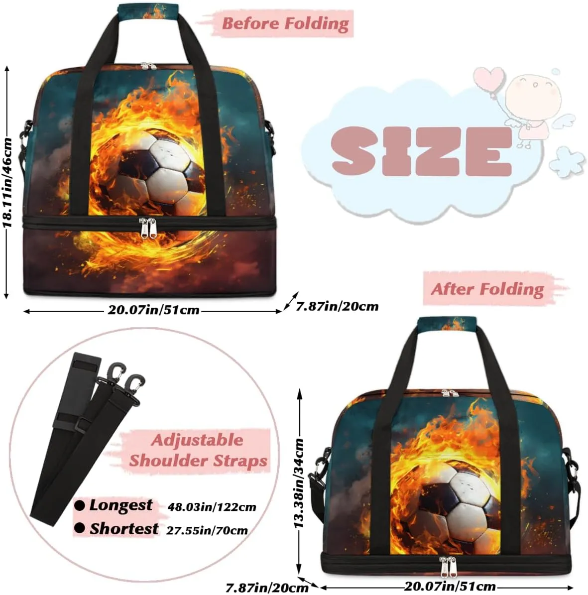 Fire Football Soccer Foldable Duffle Bag with Shoes Compartment Large Capacity Waterproof Travel Weekender Bag Overnight Bag for Sports Gym