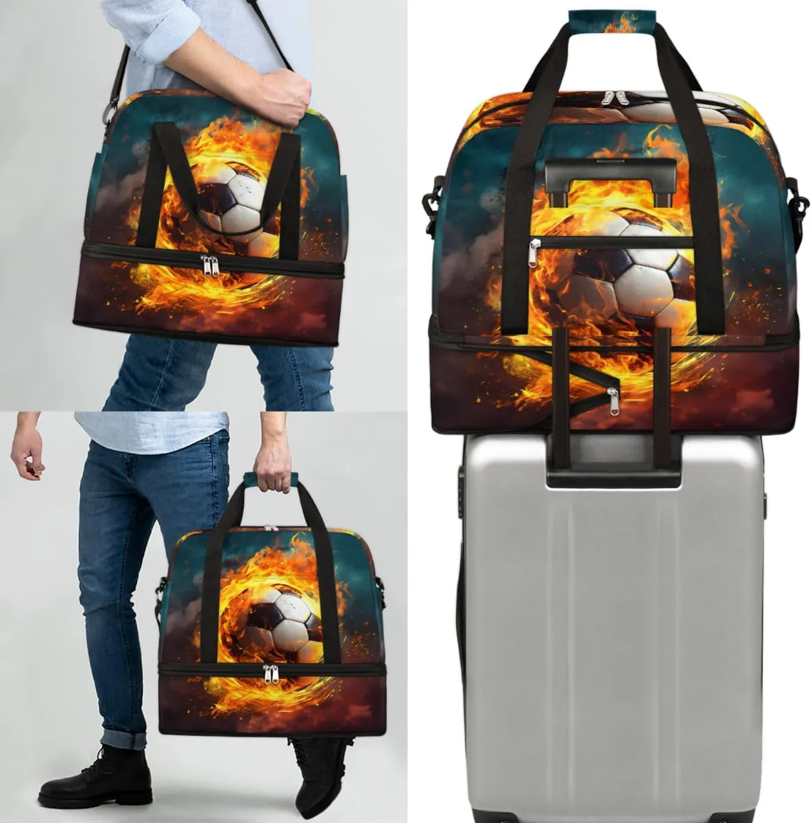 Fire Football Soccer Foldable Duffle Bag with Shoes Compartment Large Capacity Waterproof Travel Weekender Bag Overnight Bag for Sports Gym
