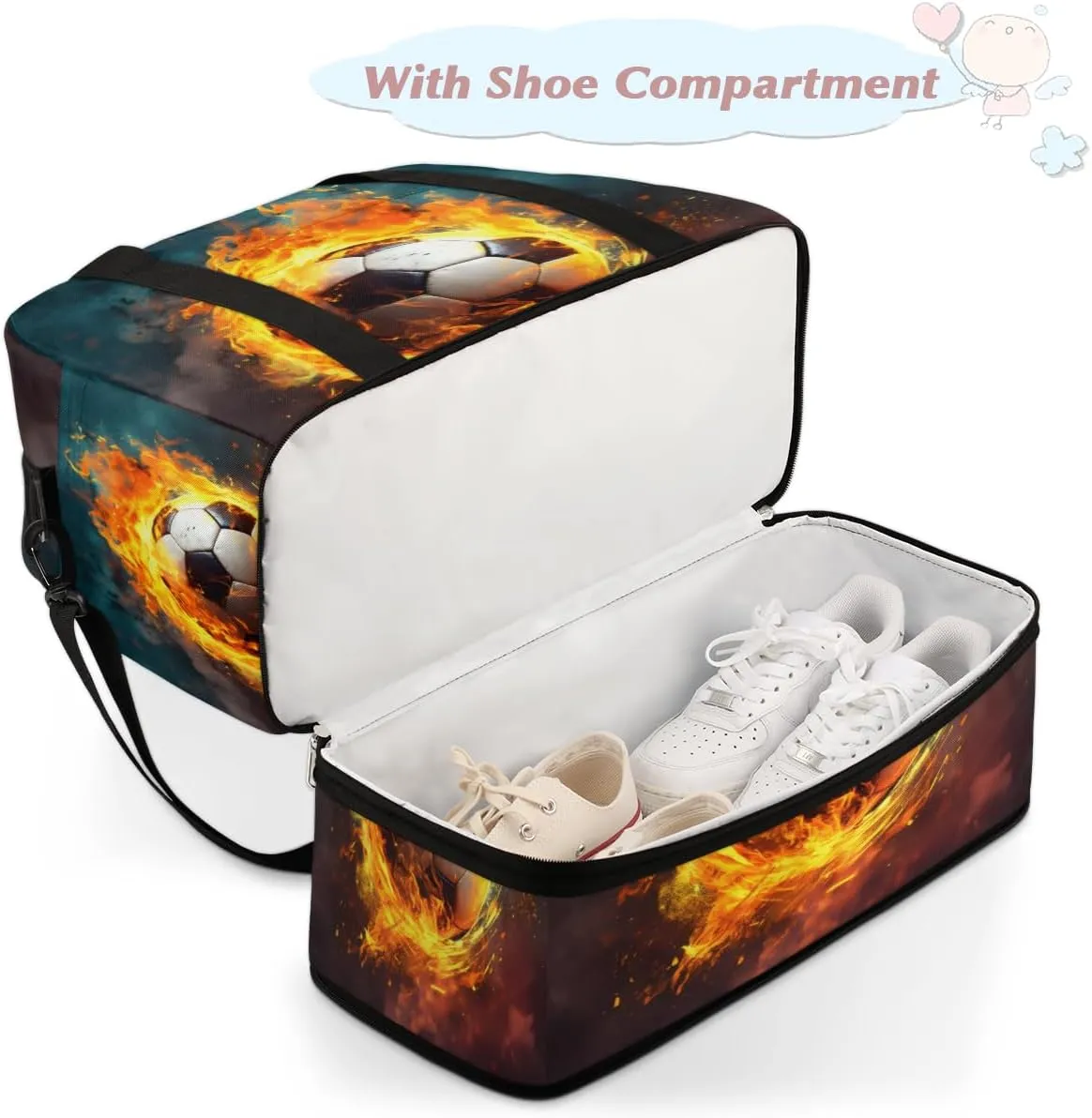 Fire Football Soccer Foldable Duffle Bag with Shoes Compartment Large Capacity Waterproof Travel Weekender Bag Overnight Bag for Sports Gym