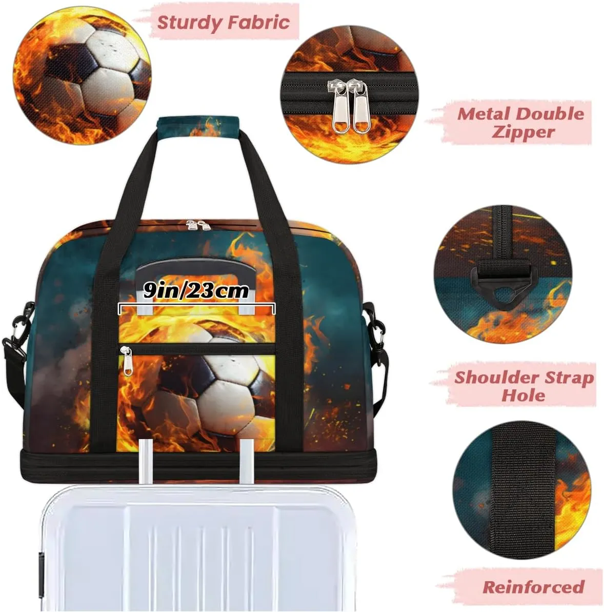 Fire Football Soccer Foldable Duffle Bag with Shoes Compartment Large Capacity Waterproof Travel Weekender Bag Overnight Bag for Sports Gym