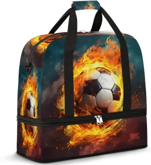 Fire Football Soccer Foldable Duffle Bag with Shoes Compartment Large Capacity Waterproof Travel Weekender Bag Overnight Bag for Sports Gym