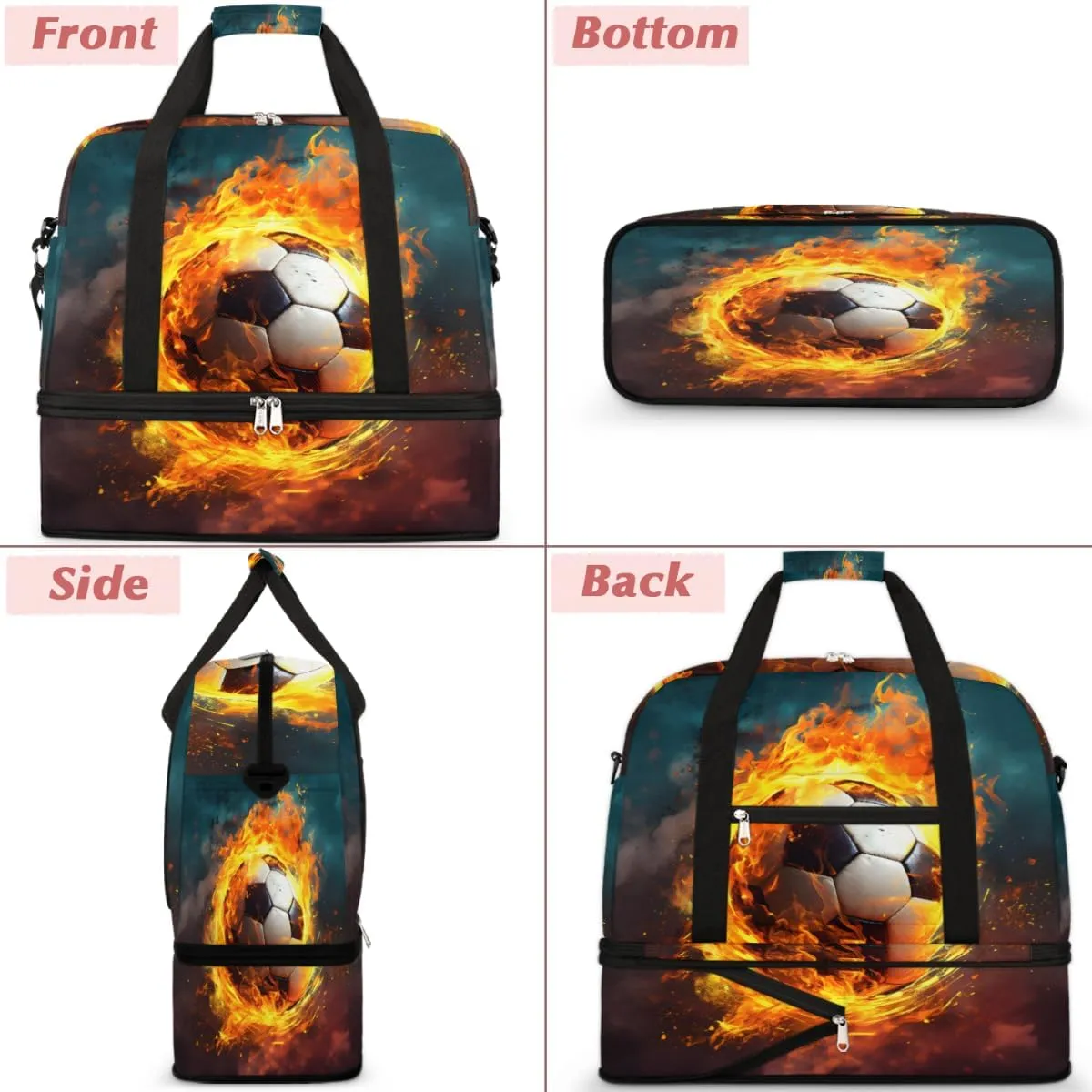 Fire Football Soccer Foldable Duffle Bag with Shoes Compartment Large Capacity Waterproof Travel Weekender Bag Overnight Bag for Sports Gym