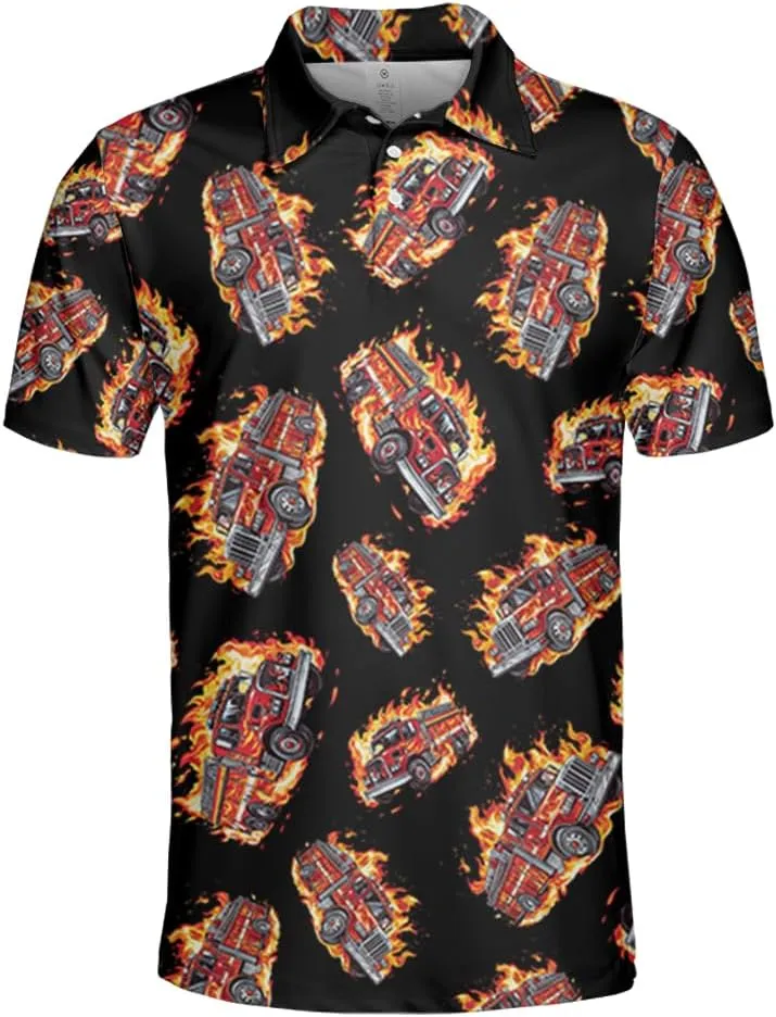 Firetruck Polo Shirts for Men - Firefighter Mens Golf Polo Shirts Short Sleeve Dry Fit Casual Tennis T-Shirt