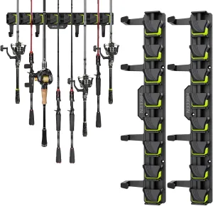 Fishing Rod Holders, Wall Mounted Fishing Rod Rack, Fishing Pole Holder Holds Up to 8 Rods or Combos, Fishing Rod Holders for Garage with 4 Hooks, Fits Most Rods of Diameter 3-24mm