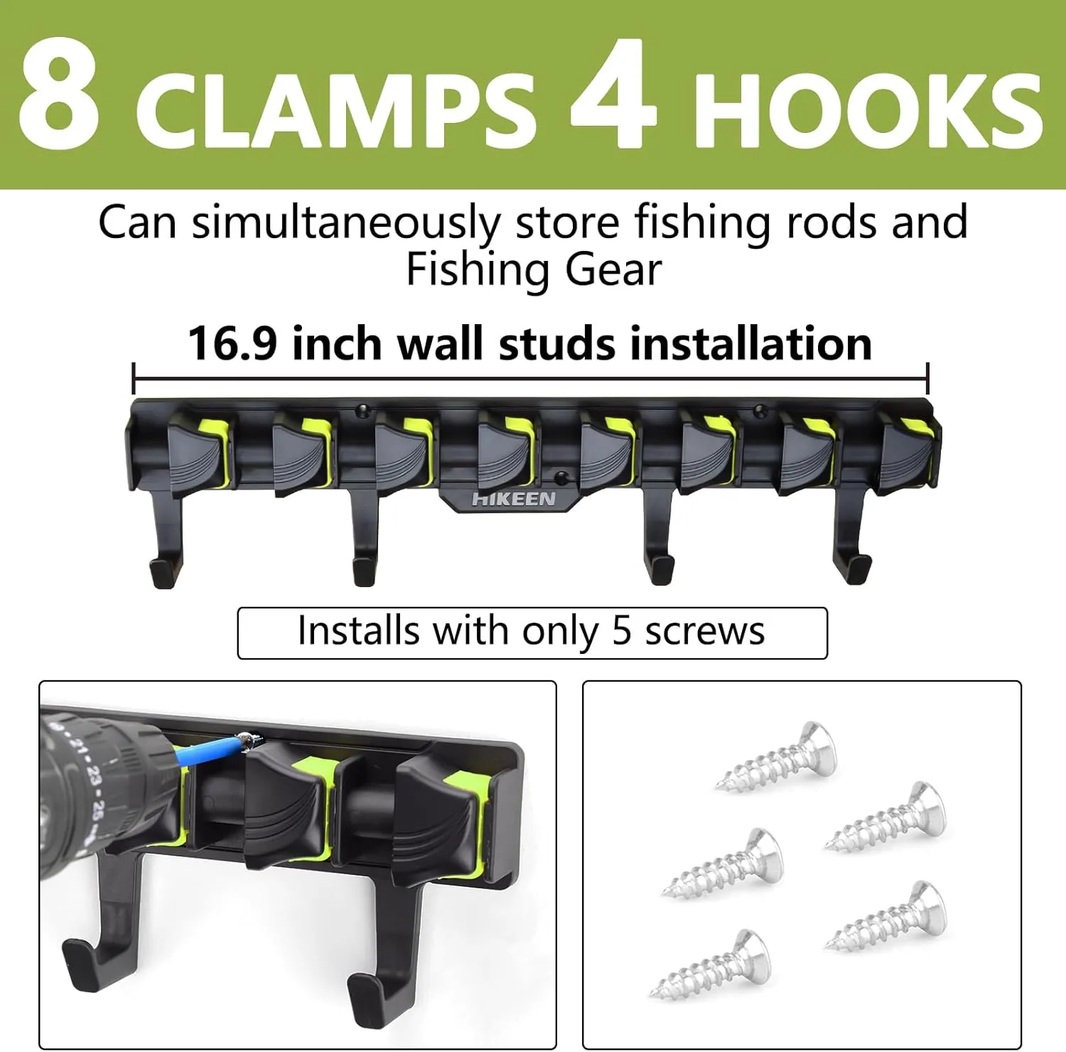 Fishing Rod Holders, Wall Mounted Fishing Rod Rack, Fishing Pole Holder Holds Up to 8 Rods or Combos, Fishing Rod Holders for Garage with 4 Hooks, Fits Most Rods of Diameter 3-24mm