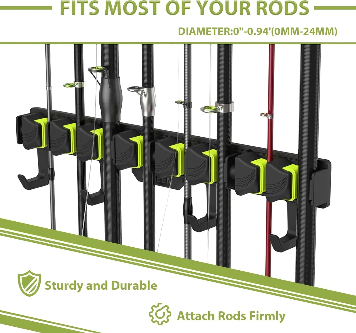 Fishing Rod Holders, Wall Mounted Fishing Rod Rack, Fishing Pole Holder Holds Up to 8 Rods or Combos, Fishing Rod Holders for Garage with 4 Hooks, Fits Most Rods of Diameter 3-24mm