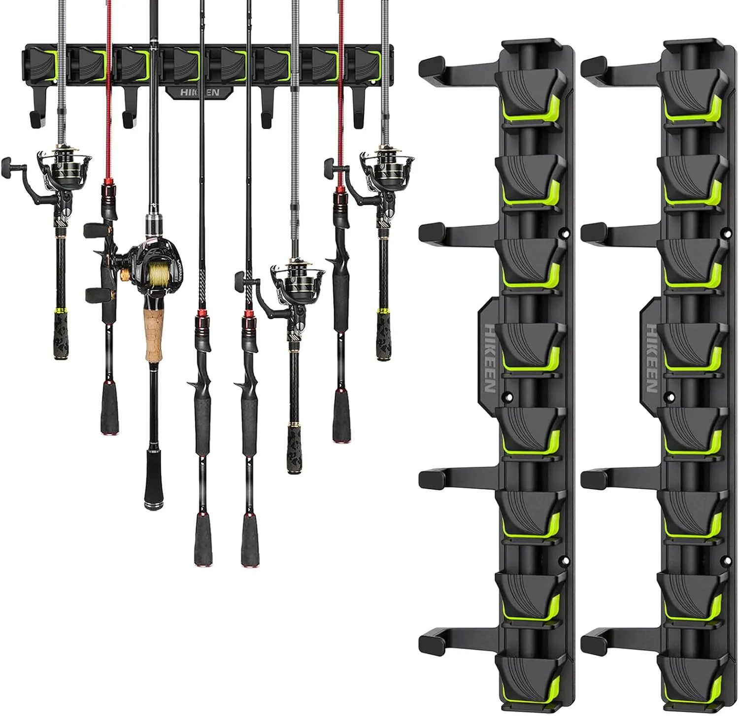 Fishing Rod Holders, Wall Mounted Fishing Rod Rack, Fishing Pole Holder Holds Up to 8 Rods or Combos, Fishing Rod Holders for Garage with 4 Hooks, Fits Most Rods of Diameter 3-24mm