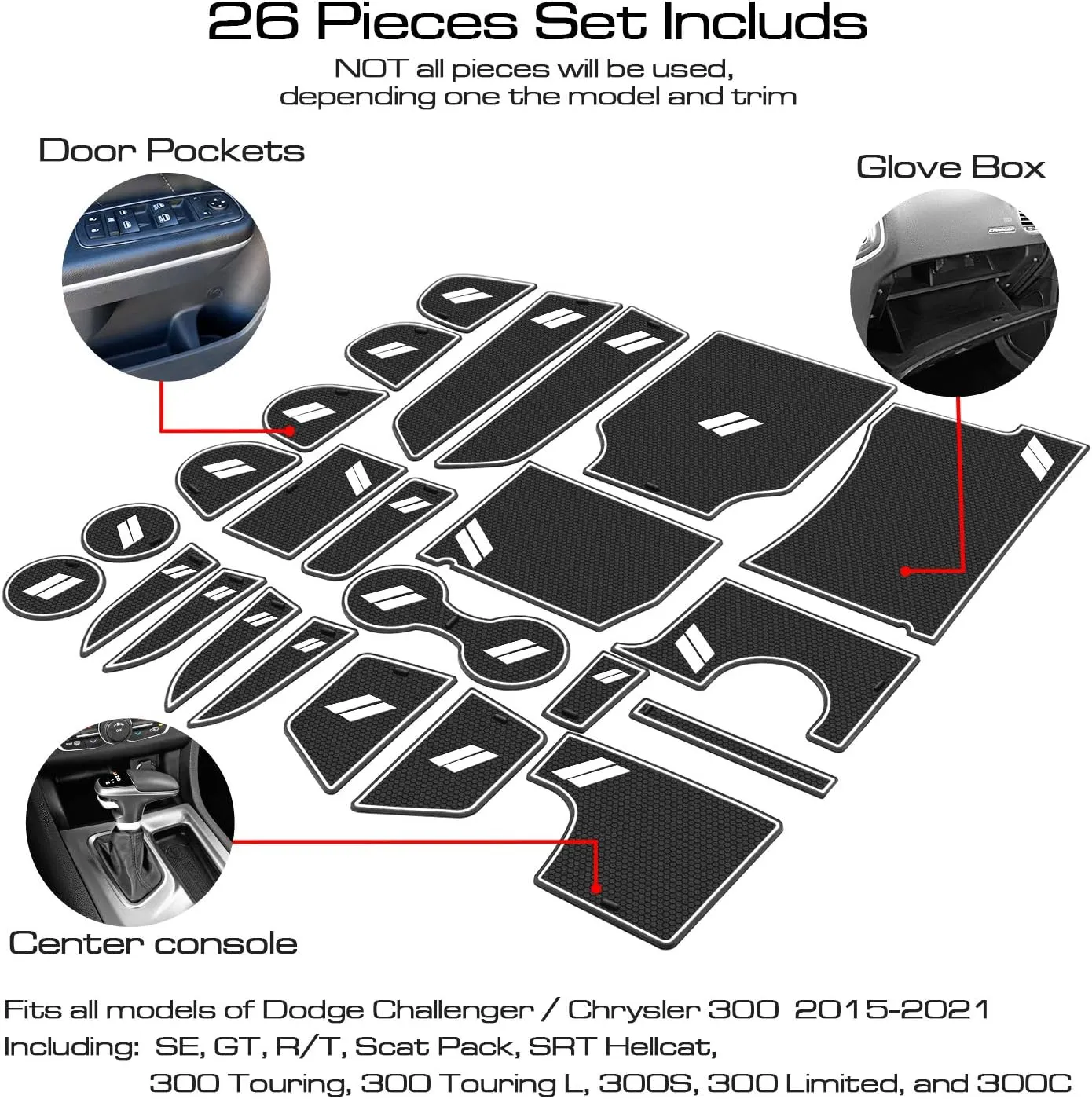 Fits Dodge Charger Accessories 2015-2023, Cup Holder Insert Center Console Shifter Liner Trim Interior Door Pocket Mats Pad (26pcs Set, White Trim)