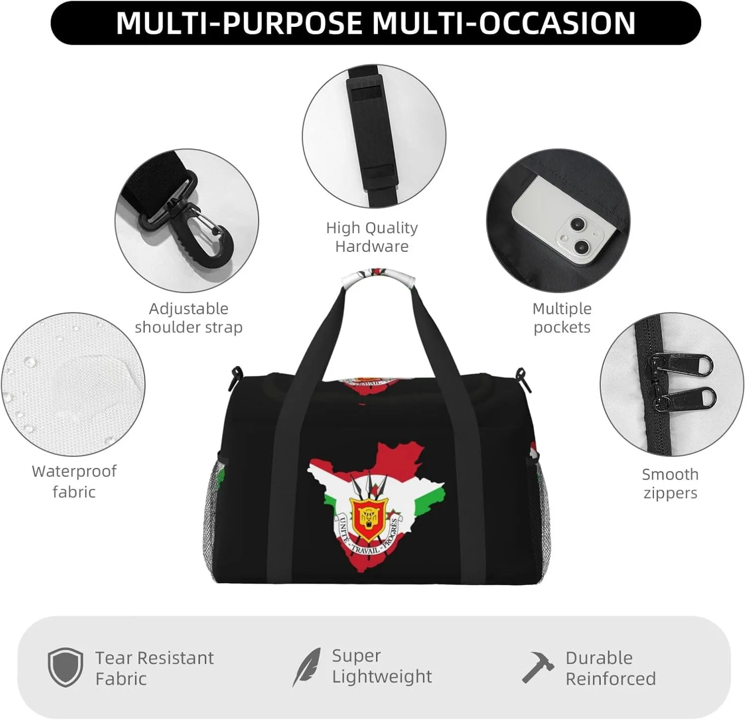 Flag Map Of Burundi Travel Duffel Bag Large Foldable Waterproof Overnight Bag For Beach Swim Bags Pool Sports Gym