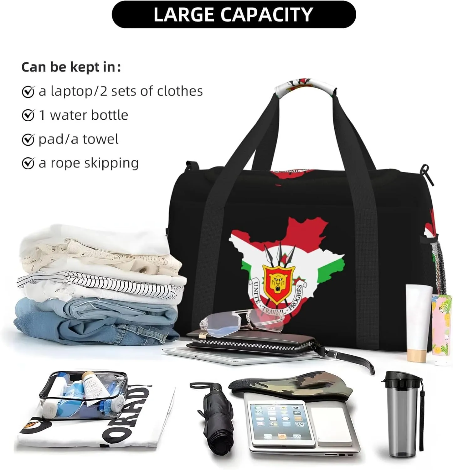 Flag Map Of Burundi Travel Duffel Bag Large Foldable Waterproof Overnight Bag For Beach Swim Bags Pool Sports Gym
