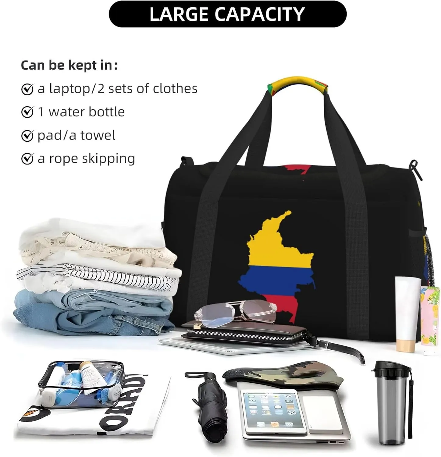 Flag Map Of Colombia Travel Duffel Bag Large Foldable Waterproof Overnight Bag For Beach Swim Bags Pool Sports Gym