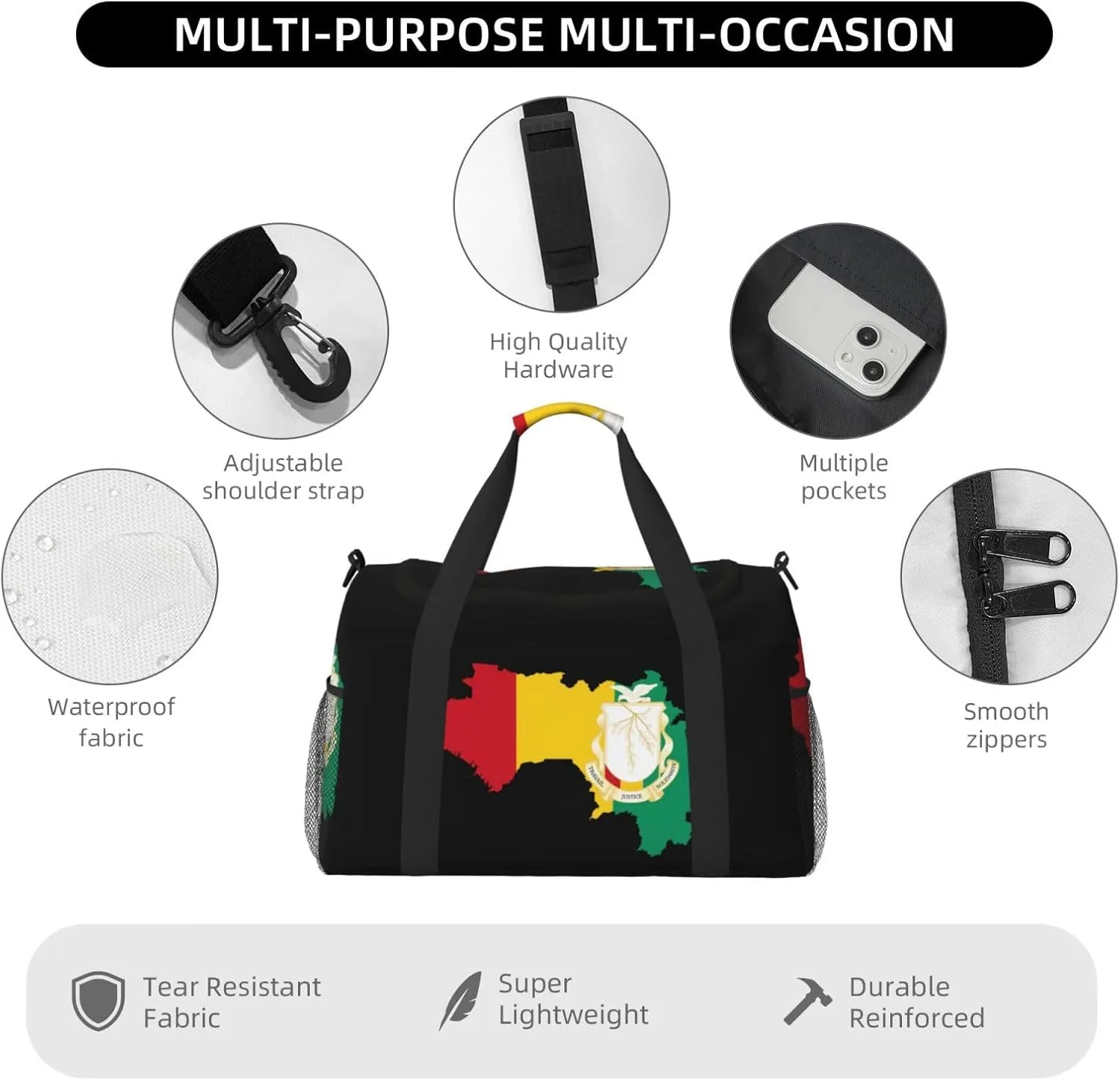 Flag Map Of Guinea Travel Duffel Bag Large Foldable Waterproof Overnight Bag For Beach Swim Bags Pool Sports Gym