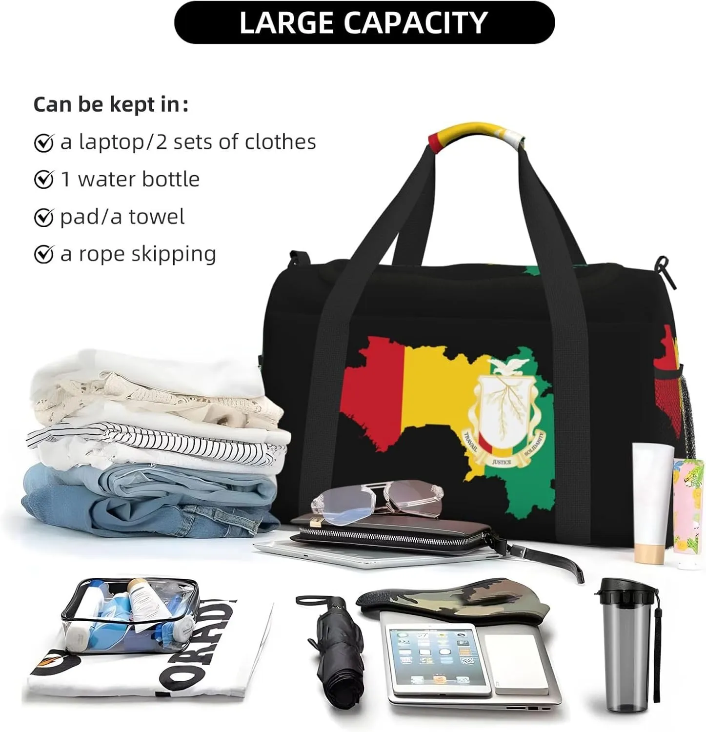 Flag Map Of Guinea Travel Duffel Bag Large Foldable Waterproof Overnight Bag For Beach Swim Bags Pool Sports Gym