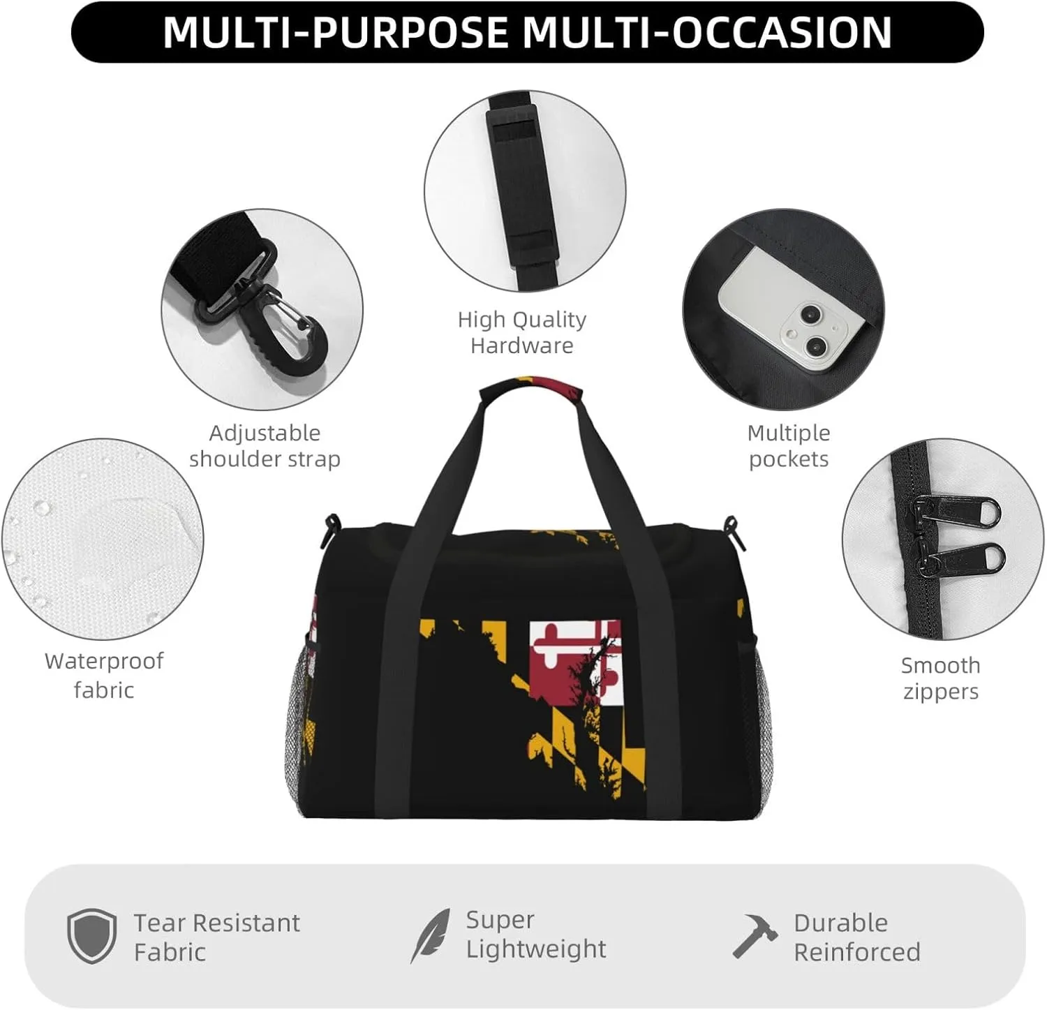 Flag Map Of Maryland Travel Duffel Bag Large Foldable Waterproof Overnight Bag For Beach Swim Bags Pool Sports Gym