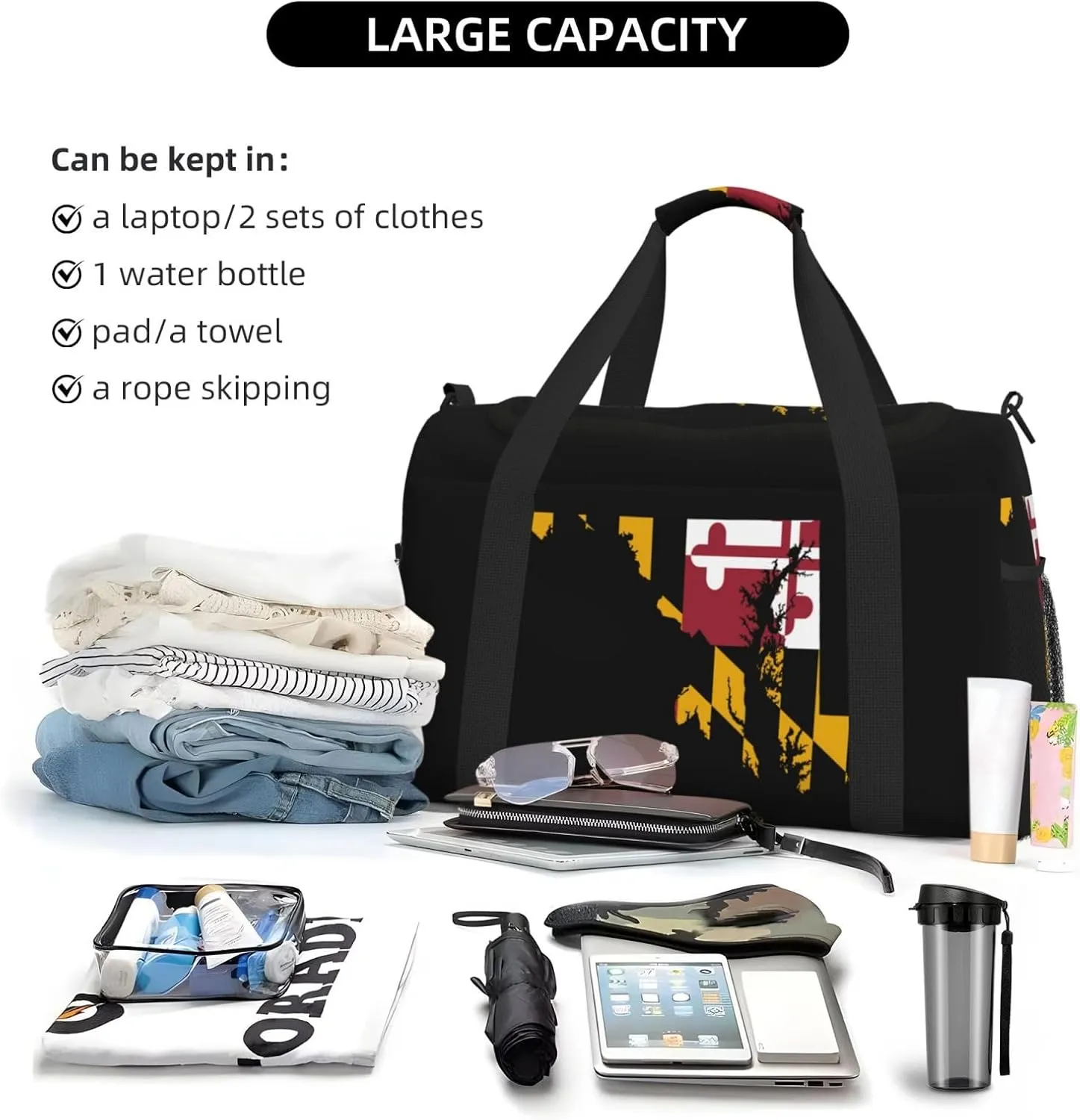 Flag Map Of Maryland Travel Duffel Bag Large Foldable Waterproof Overnight Bag For Beach Swim Bags Pool Sports Gym