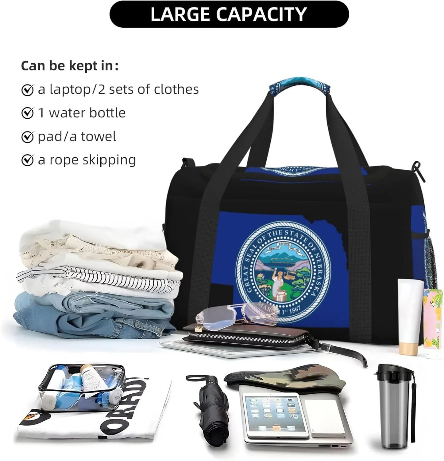Flag Map Of Nebraska Travel Duffel Bag Large Foldable Waterproof Overnight Bag For Beach Swim Bags Pool Sports Gym
