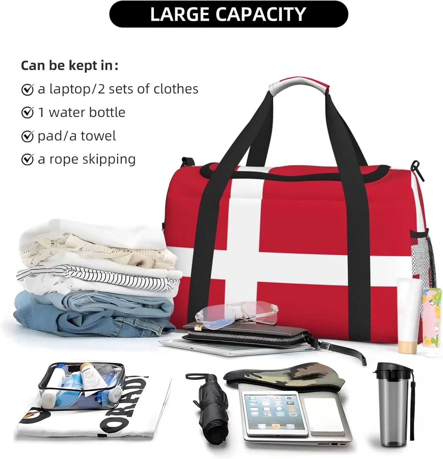 Flag Of Denmark Travel Duffel Bag Large Foldable Waterproof Overnight Bag For Beach Swim Bags Pool Sports Gym