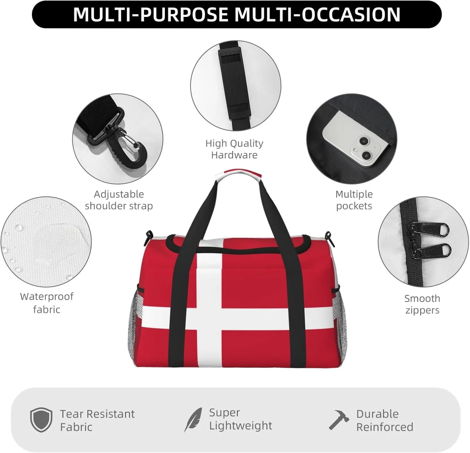 Flag Of Denmark Travel Duffel Bag Large Foldable Waterproof Overnight Bag For Beach Swim Bags Pool Sports Gym