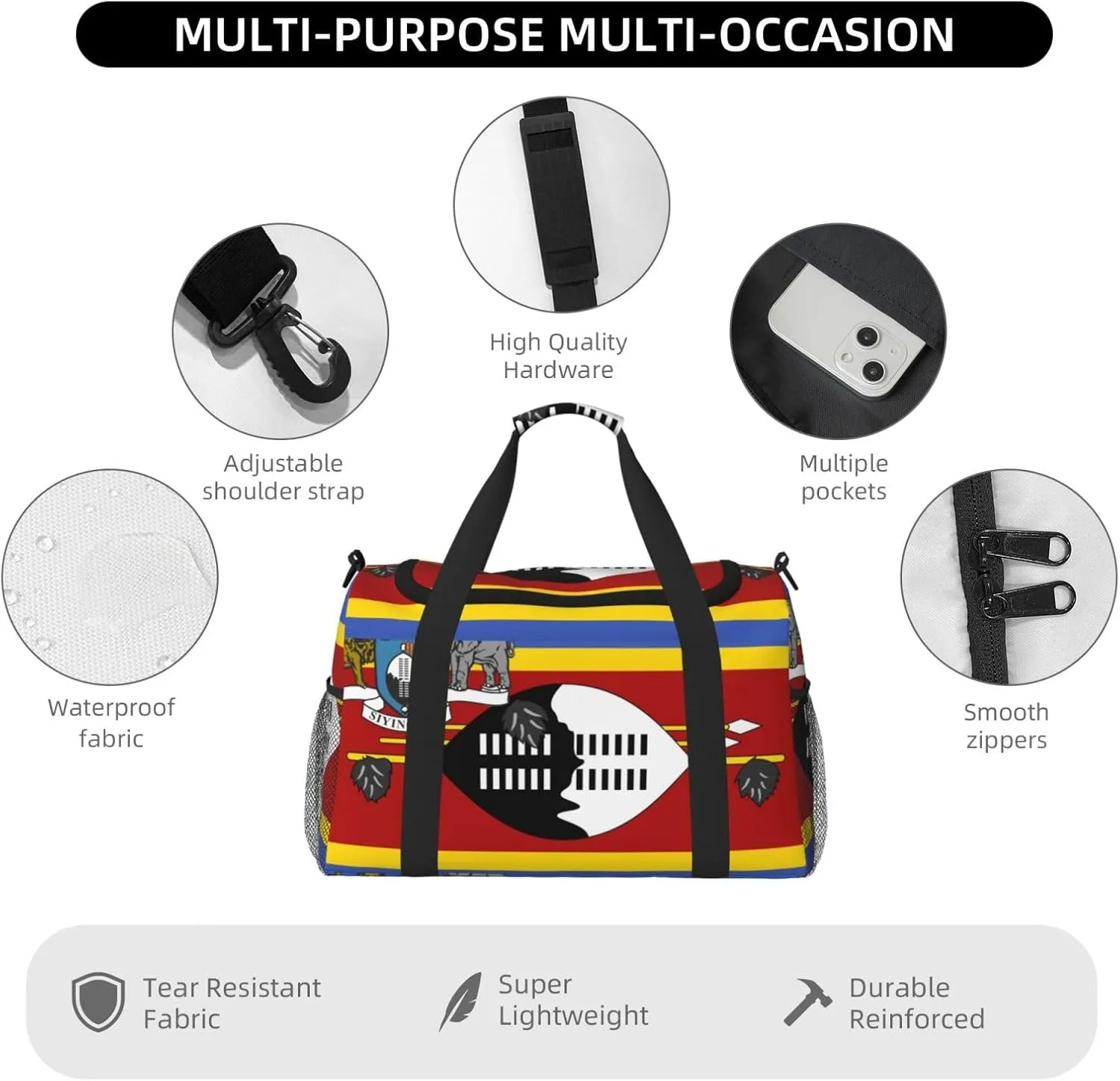 Flag Of Eswatini Travel Duffel Bag Large Foldable Waterproof Overnight Bag For Beach Swim Bags Pool Sports Gym