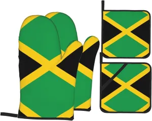 Flag of Jamaica Print Convenient Oven Mitts Pot Holders Set Duty Heat Resistant Gloves with Quilted Liner