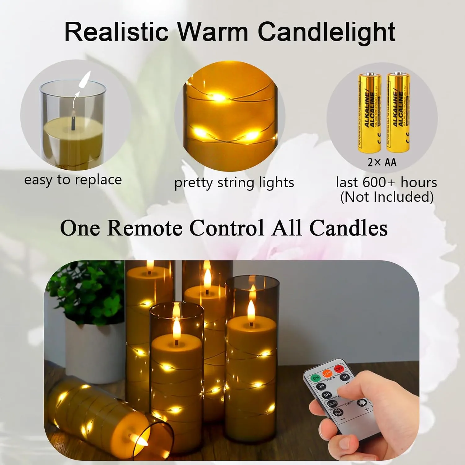 Flickering Flameless LED Candles Battery Operated with Timer and Remote, Embedded Star String Warm Light, Grey Acrylic Fake Candles for Romantic Home Party Decorations, 5 Pack