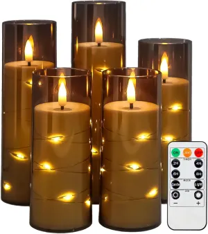Flickering Flameless LED Candles Battery Operated with Timer and Remote, Embedded Star String Warm Light, Grey Acrylic Fake Candles for Romantic Home Party Decorations, 5 Pack