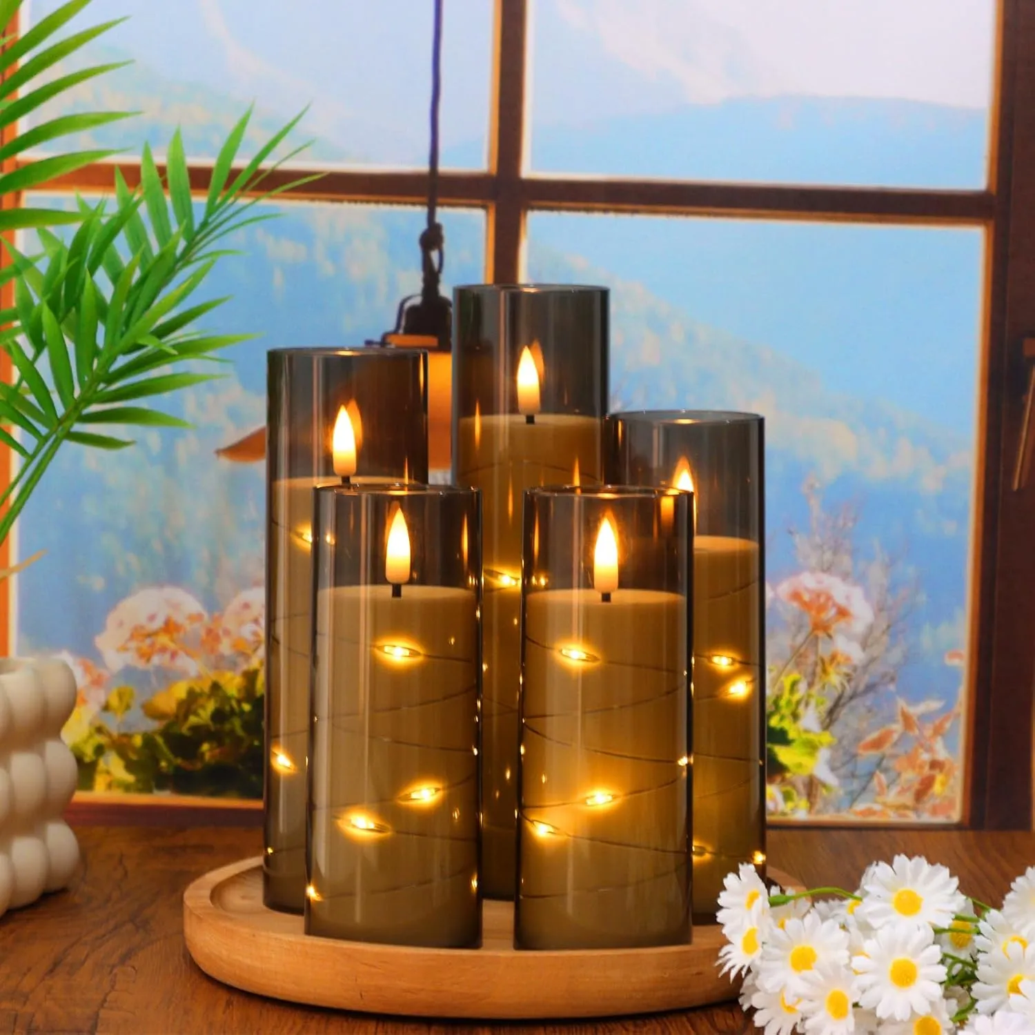 Flickering Flameless LED Candles Battery Operated with Timer and Remote, Embedded Star String Warm Light, Grey Acrylic Fake Candles for Romantic Home Party Decorations, 5 Pack