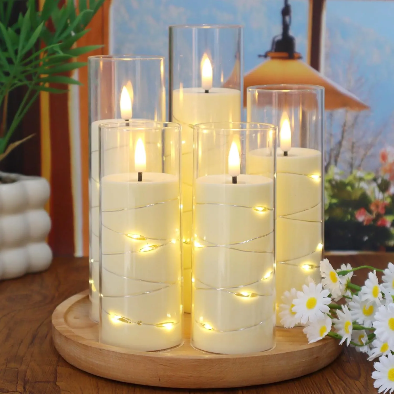 Flickering Flameless LED Candles Battery Operated with Timer and Remote, Embedded Star String Warm Light, Ivory Acrylic Fake Candles for Romantic Home Party Decorations, 5 Pack