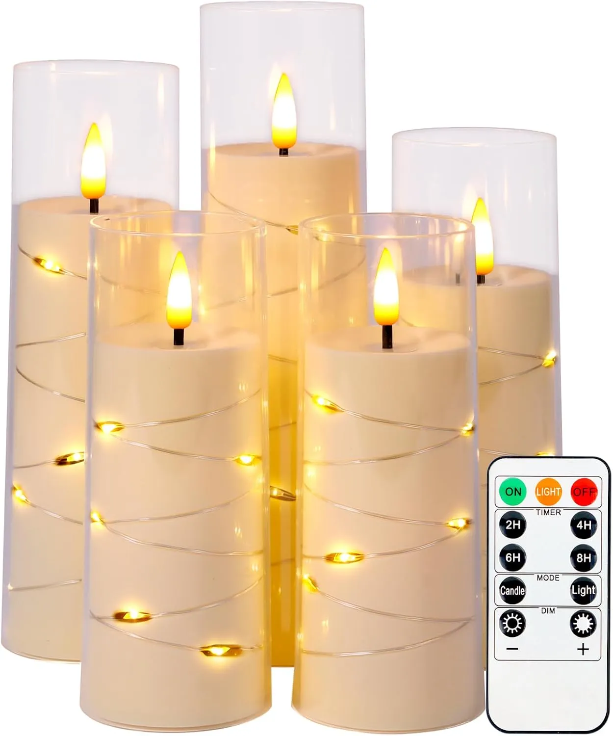 Flickering Flameless LED Candles Battery Operated with Timer and Remote, Embedded Star String Warm Light, Ivory Acrylic Fake Candles for Romantic Home Party Decorations, 5 Pack